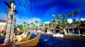 Outdoor pool, pool umbrellas, pool loungers