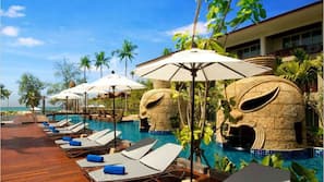 Outdoor pool, pool umbrellas, pool loungers