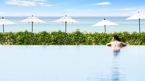 Outdoor pool, pool umbrellas, pool loungers