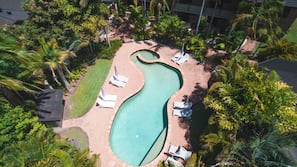 Outdoor pool, pool umbrellas, pool loungers
