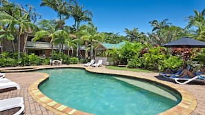 Outdoor pool, pool umbrellas, pool loungers
