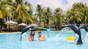 Outdoor pool, pool umbrellas, pool loungers
