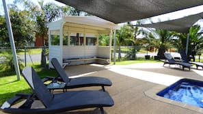 Outdoor pool, pool umbrellas, sun loungers