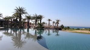 Seasonal outdoor pool, pool umbrellas, sun loungers