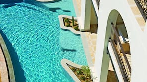 Seasonal outdoor pool, pool umbrellas, sun loungers