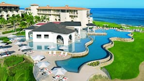 Seasonal outdoor pool, pool umbrellas, sun loungers
