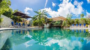 Outdoor pool, pool umbrellas, pool loungers