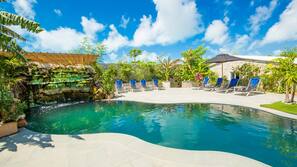 Outdoor pool, pool umbrellas, pool loungers