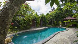 Outdoor pool, pool umbrellas, pool loungers