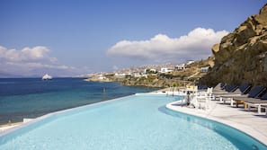 Outdoor pool, pool umbrellas, sun loungers