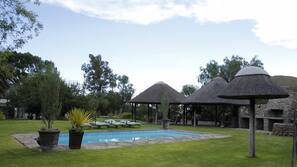 Piscine extérieure, chaises longues