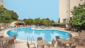 Outdoor pool, pool umbrellas, pool loungers