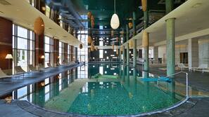 Indoor pool, outdoor pool, pool umbrellas, pool loungers