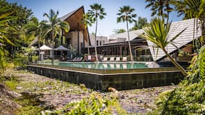 Outdoor pool, pool umbrellas, pool loungers
