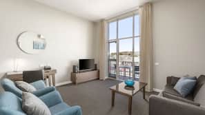 Flat-screen TV, DVD player, iPod docking station, MP3 docking station