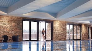 Indoor pool, outdoor pool, pool umbrellas