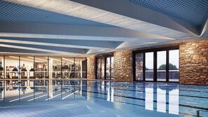 Indoor pool, outdoor pool, pool umbrellas