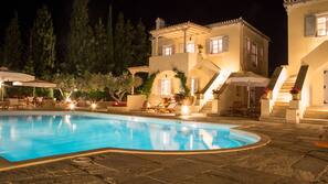 Outdoor pool, pool umbrellas, pool loungers