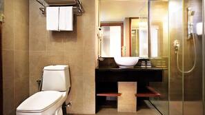 Shower, free toiletries, hair dryer, slippers