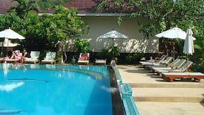 Outdoor pool, pool umbrellas, pool loungers