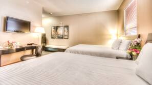 Premium bedding, down duvet, pillow top beds, desk