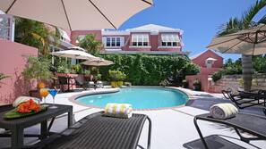 Outdoor pool, pool umbrellas, pool loungers