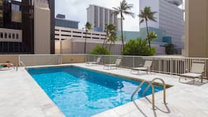 Outdoor pool, pool umbrellas, pool loungers