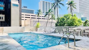 Outdoor pool, pool umbrellas, pool loungers