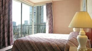 1 bedroom, desk, blackout drapes, iron/ironing board