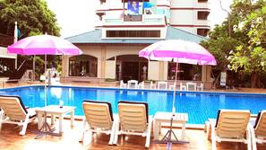 Outdoor pool, pool umbrellas, pool loungers