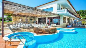 Outdoor pool, pool umbrellas, pool loungers