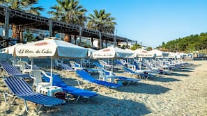 On the beach, sun-loungers, beach umbrellas, beach towels