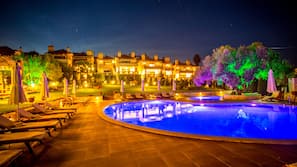 Outdoor pool, pool umbrellas, pool loungers