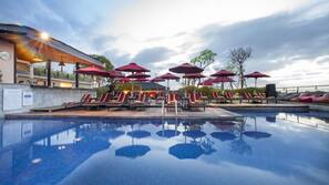 Outdoor pool, pool umbrellas, pool loungers