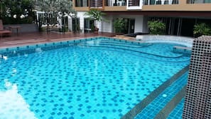Outdoor pool, pool umbrellas, pool loungers