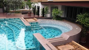 Outdoor pool, pool umbrellas, pool loungers