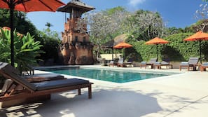 Outdoor pool, pool umbrellas, pool loungers