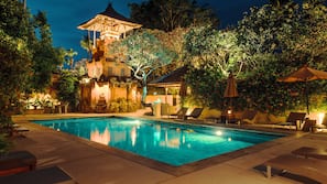 Outdoor pool, pool umbrellas, pool loungers