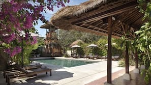 Outdoor pool, pool umbrellas, pool loungers
