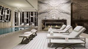 Indoor pool, open 6:00 AM to 10:00 PM, pool loungers