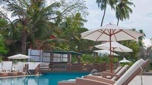 Outdoor pool, pool umbrellas, pool loungers
