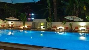 Outdoor pool, pool umbrellas, pool loungers