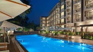 Outdoor pool, pool umbrellas, pool loungers