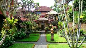 Outdoor pool, pool umbrellas, pool loungers