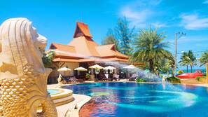 2 outdoor pools, pool umbrellas, pool loungers