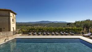 Seasonal outdoor pool, pool umbrellas, sun loungers