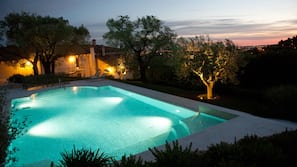 Outdoor pool, pool umbrellas, pool loungers