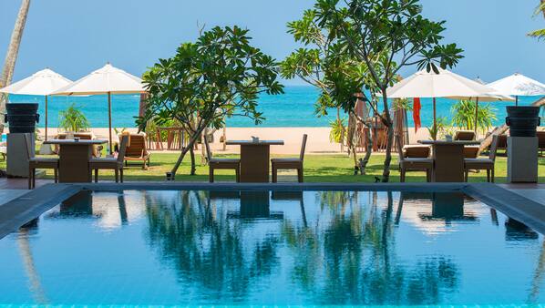 Outdoor pool, pool umbrellas, pool loungers