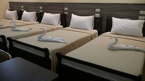 Desk, iron/ironing board, linens
