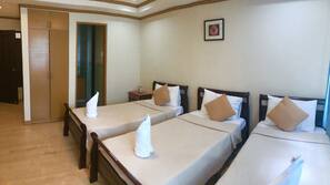 Desk, iron/ironing board, linens